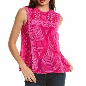 Johnny Was Leafy Concetta Fuchsia Embroidered Sleeveless Blouse